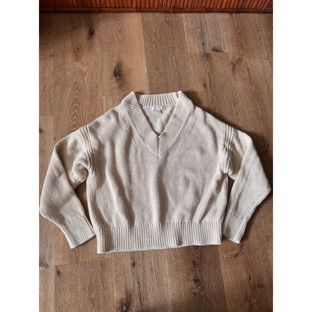 J.Crew Womens Cream Cotton V-Neck Shaker Stitch Pullover Sweater Size S